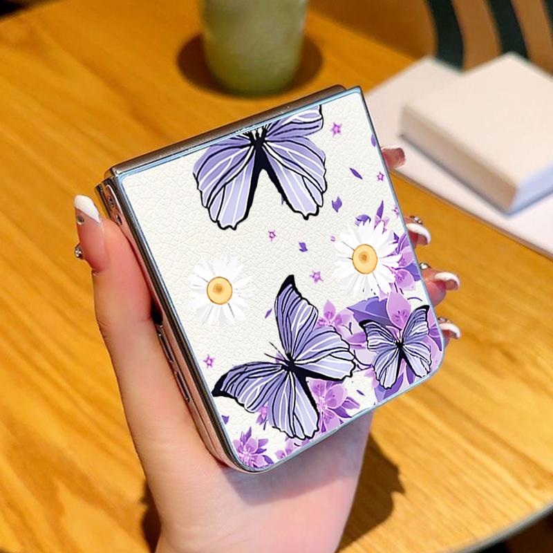 Purple Butterfly PU Leather Phone Case For Samsung Galaxy Z Flip7 FE Flip6 Flip 7 6 5 5G Silver Plating Frame Hard Folding Cover