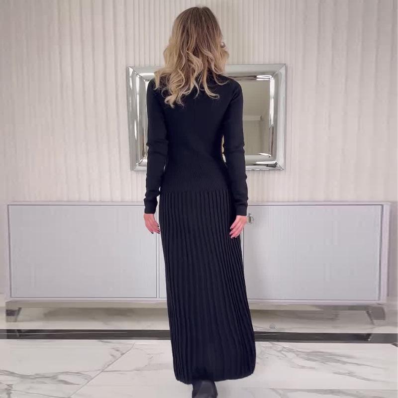 Rochie tricotată plisată, solidă, ușor matură, de toamnă 2024, pentru femei europene și americane