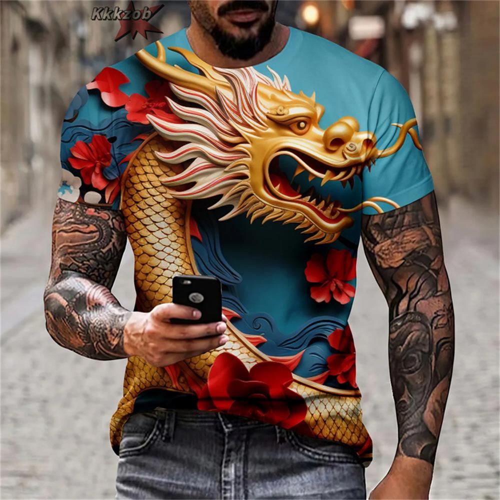 Camiseta Masculina Estampa 3D Dragão e Leão Novidade Camiseta Chinesa Camiseta da Moda Homem Dia a Dia Exterior Rua Camisetas Oversized
