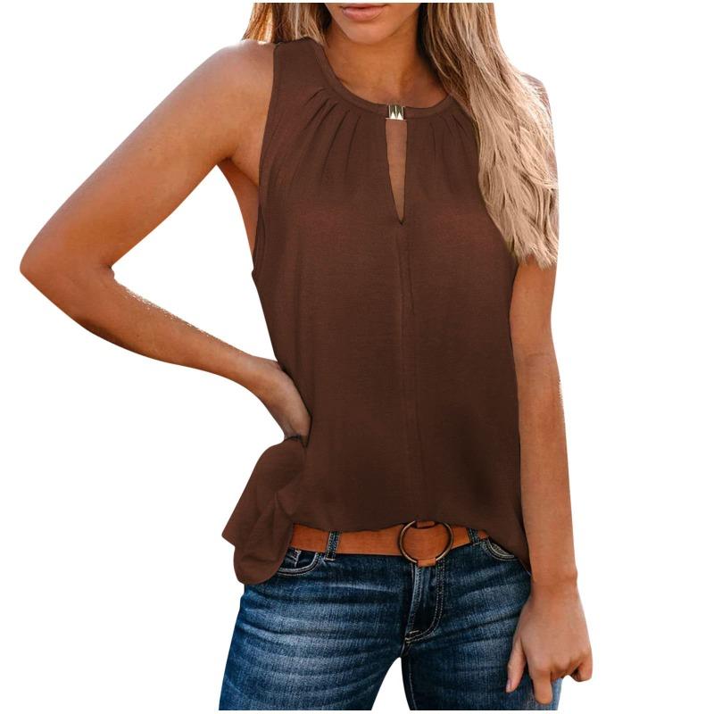 VEZFAA Women's Fashion Casual Summer Spring Solid Color Print Sleeveless V-Neck Blouses & Shirts
