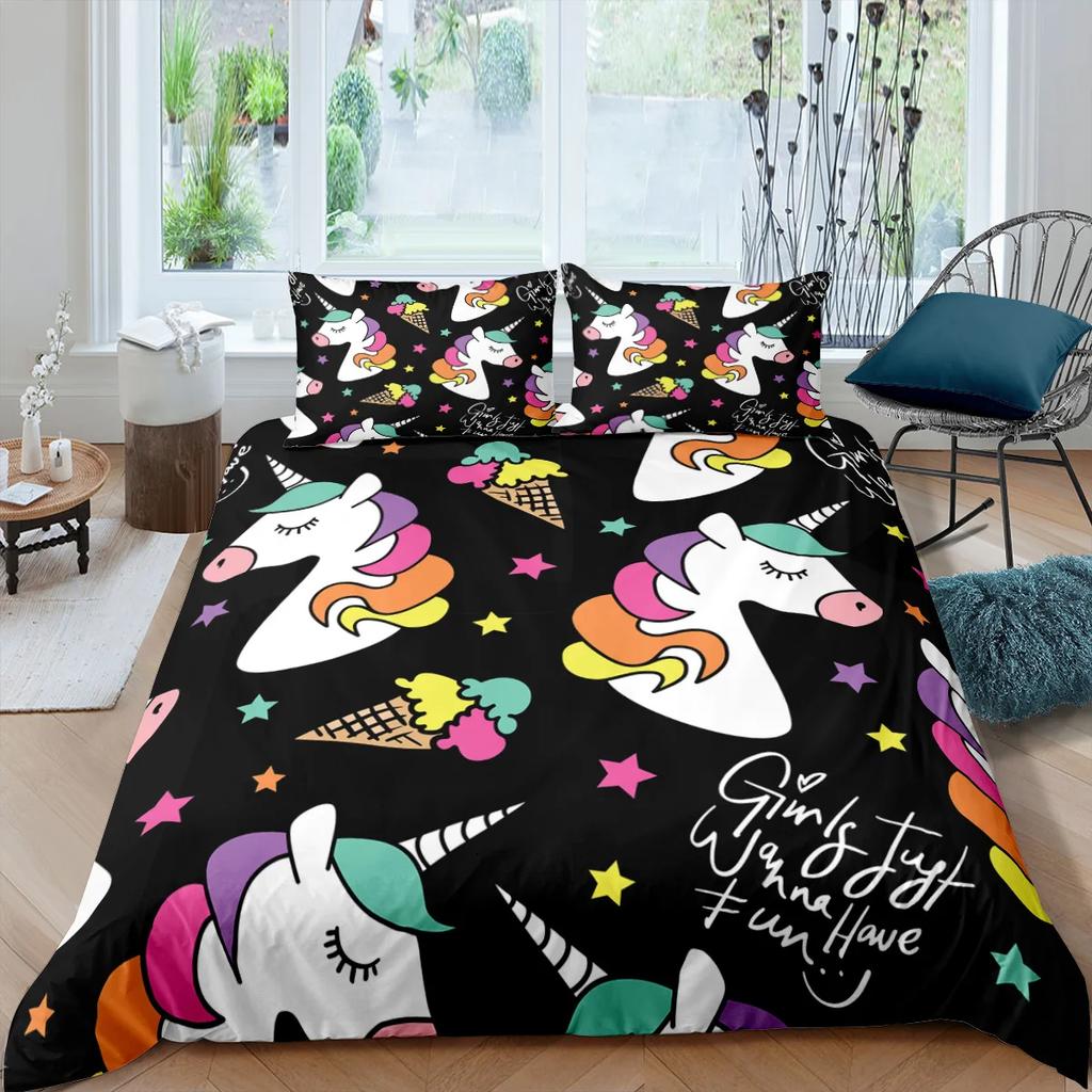 Unicorn Bedding Set King Queen White Pink Unicorn Duvet Cover for Girls Kids Dreamy Cartoon Sparkle Lilac Polyester Quilt Cover