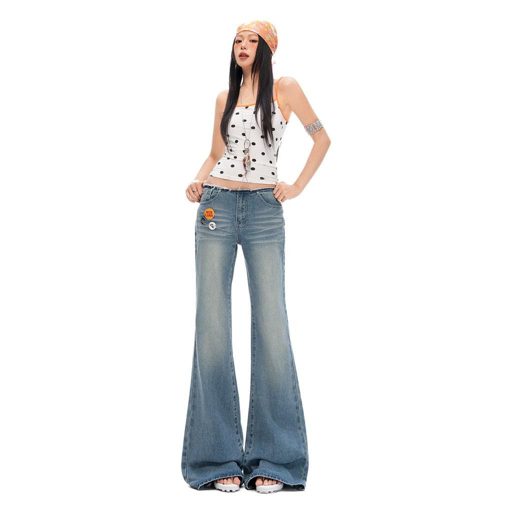 Retro blue low-rise slightly pulled jeans women's summer new non-stick legs loose wide-leg thin flared pants
