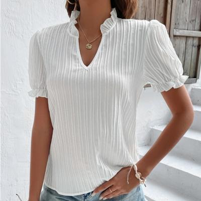 2023 Summer Short Sleeve White Shirt Women Vintage Solid V-Neck Loose Shirts Casual Elegant Lace Blouse Fashion Clothing 28006
