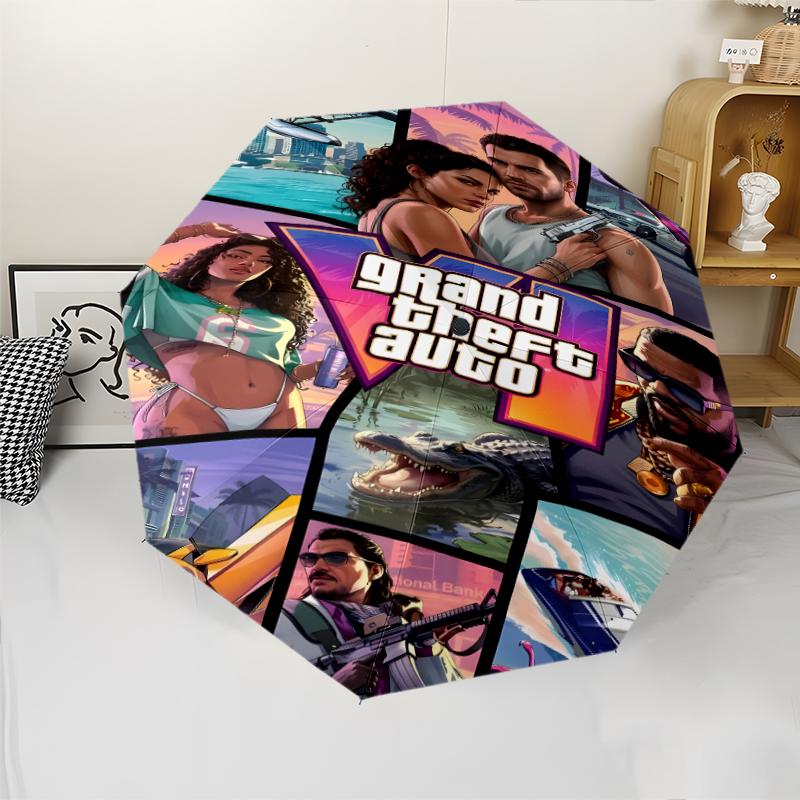 Game Grand Theft Auto Print Automatic Umbrella, 8 Rib Iron Frame, Plastic Handle, Suitable for Outdoor Travel &Daily , Ideal Gift