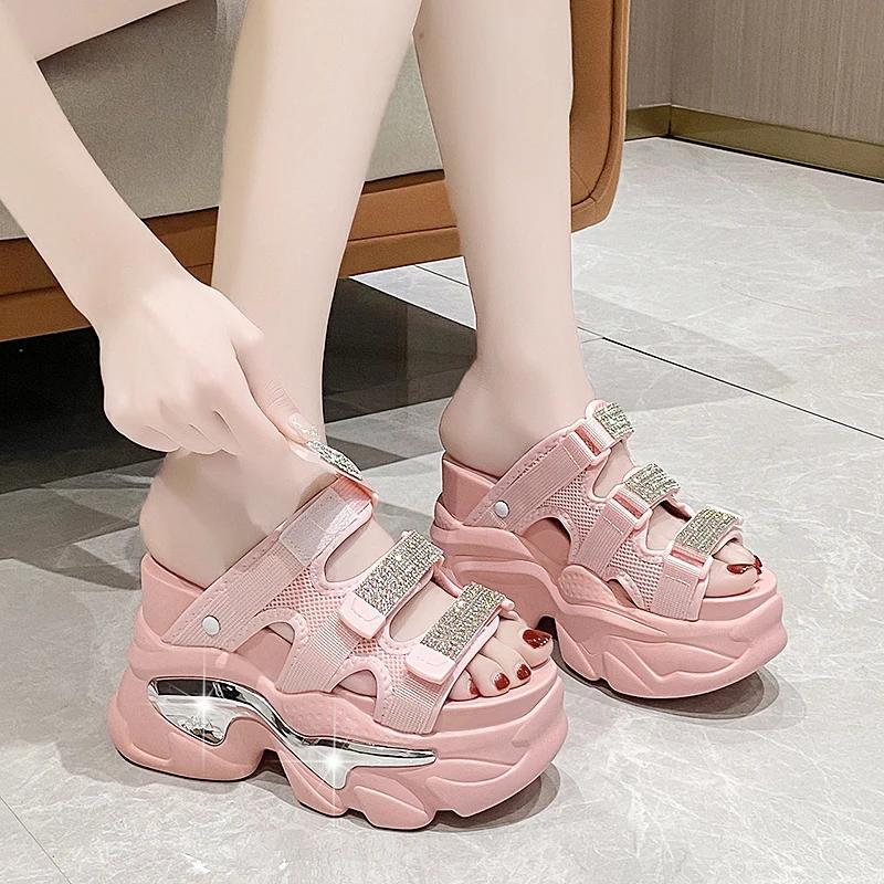 10cm Wedge Heels Slippers for Women 2025 New Summer High Platform Sandals Woman Thick Bottom Non Slip Black Beach Flip Flops