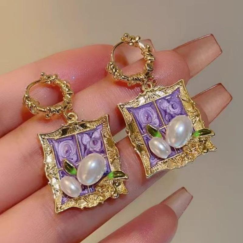 Baroque Purple Flower Pearl Tassel Earrings - Elegant Retro Ear Ornaments for Women