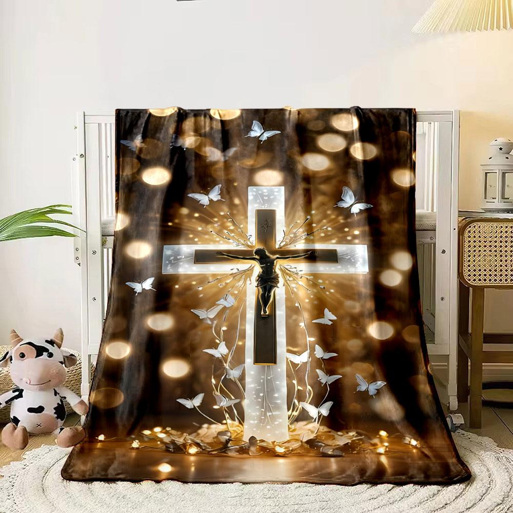 Glowing Cross Butterfly Blanket Printed Blanket for Living Room Bed Couch lunch break Soft Cozy Blanket for Friend's festival Gift