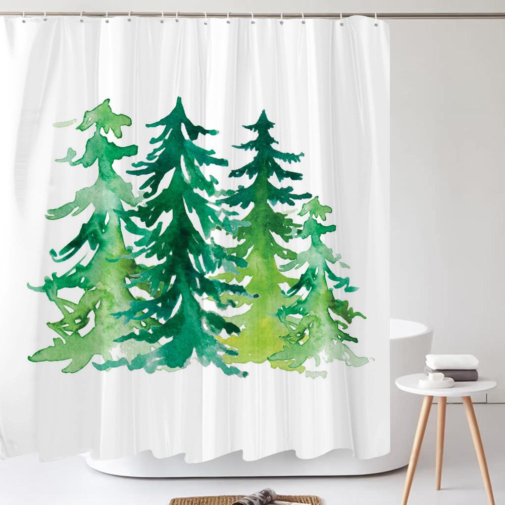 1 Pcs Nordic Simple Green Plant Waterproof Shower Curtain, Christmas Tree Bathroom Decoration Curtain, With Plastic Hooks