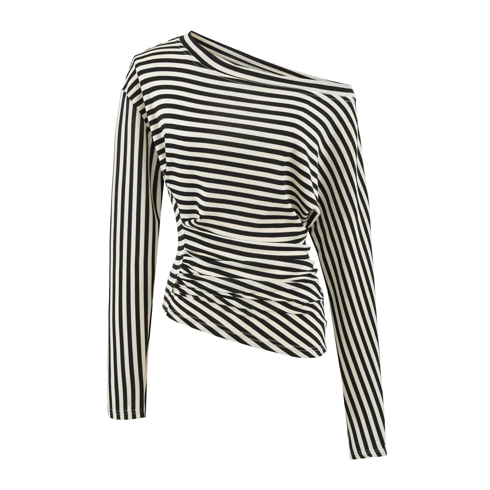 Spicy One-Shoulder Long-Sleeve Cinched-Waist Pleated Top for Women - Spring/Autumn, Sexy Striped Slim-Fit Large