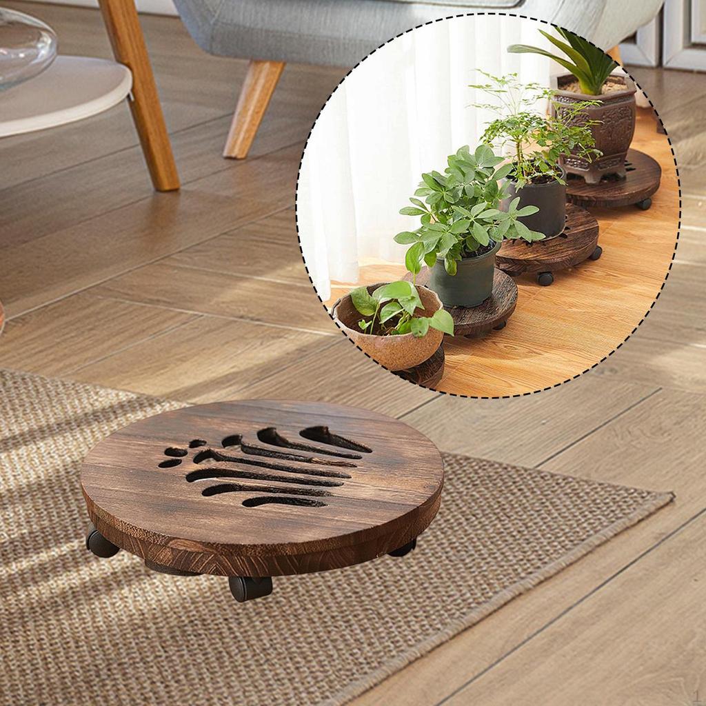 Movable Plantpot Tray Rolling Plant Stand Planter Pot Trolley Wooden Base Easy to Move Houseplants