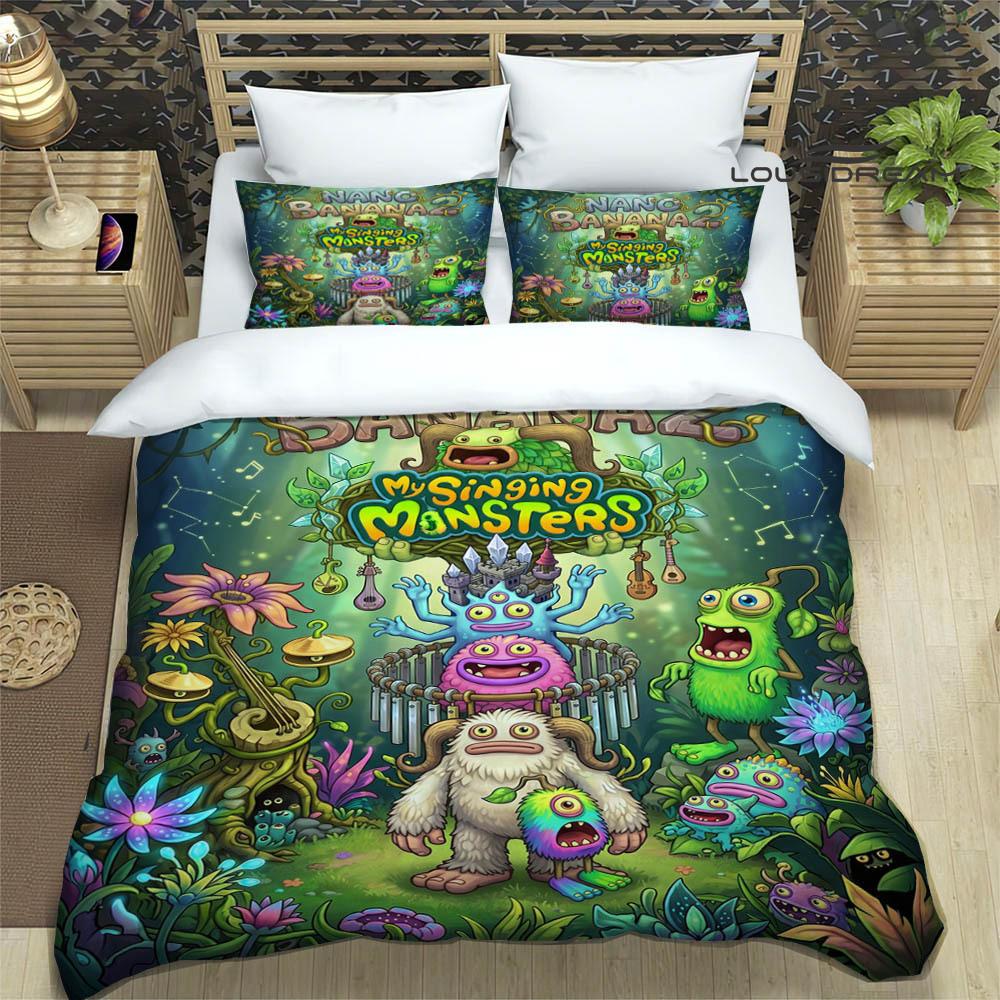 M-My Singing Monsters bedruckte Bettwäsche-Sets exquisites Bettwaren-Set Bettbezug Steppbett-Set Bettwäsche-Set Luxus-Geburtstagsgeschenk