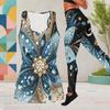 Women Plus Size Two Piece Set Scoop Neck Sleeveless Printed Tank Top Fitted Black Gold Leggings