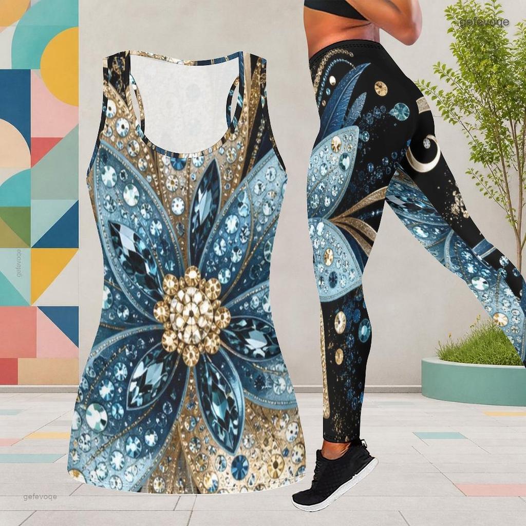 Women Plus Size Two Piece Set Scoop Neck Sleeveless Printed Tank Top Fitted Black Gold Leggings