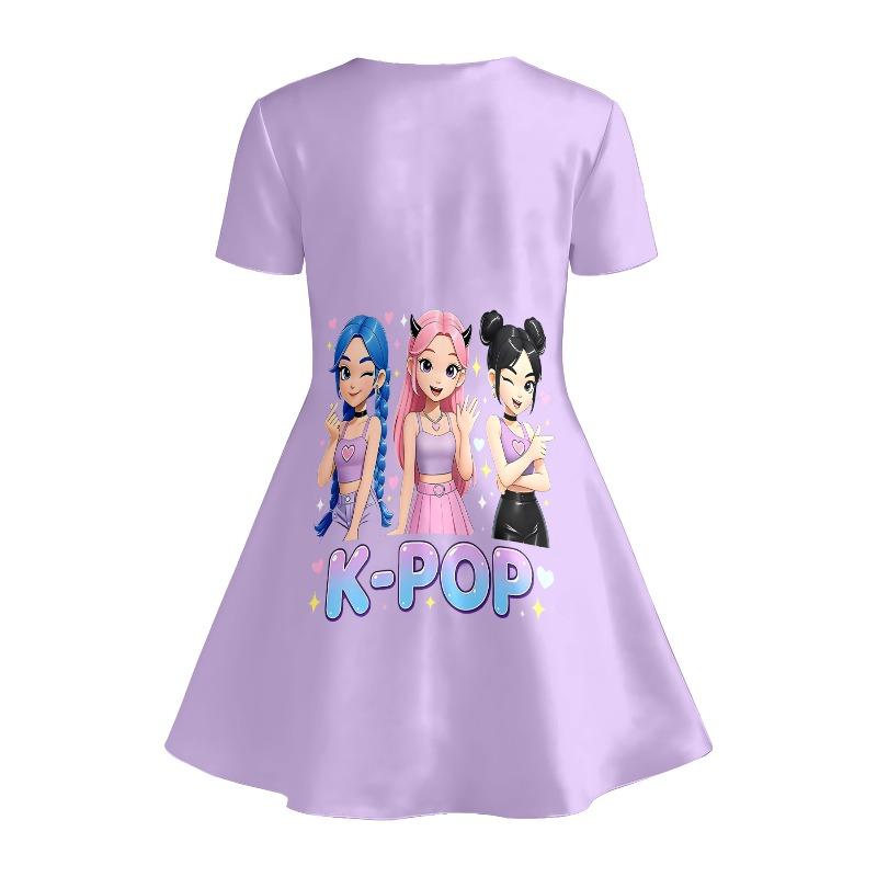 Cute K-Pop Idol Anime Printed Short Sleeved Dress Children's Purple Casual Summer Outfit Suitable for Birthday Gifts and Parties