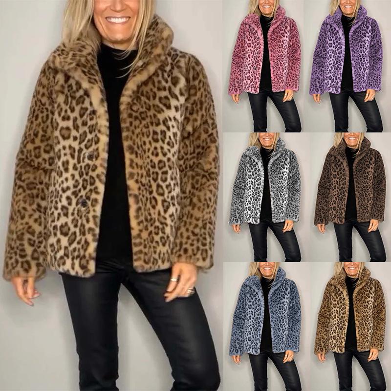 2024 Winter Women's Fashion Leopard Print Faux Fur Coat