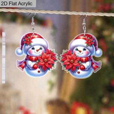 2D Flat Acrylic Christmas Red Flower Snowman Pendant Earrings Women's Christmas Jewelry Holiday Party Accessories