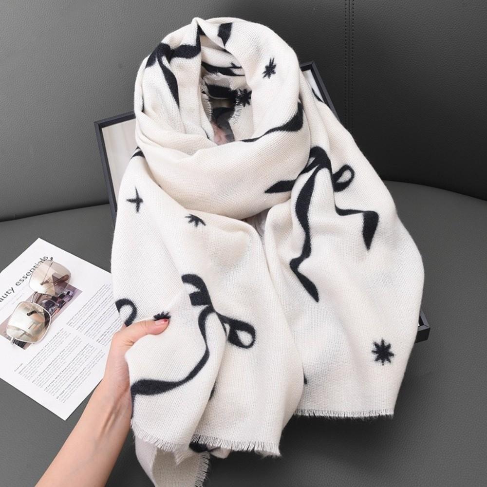 Printed Bow Wool Scarf Thicken Women Cashmere Shawl Temperament Winter Cashmere Scarves Female