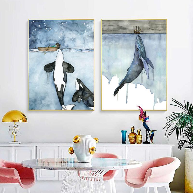 Abstract Animal Watercolor Whale Seascape Canvas Painting Posters and Prints Wall Art Pictures Cuadro Living Room Decor No Frame