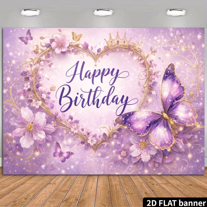 2D Princess Themed Purple Happy Birthday Backdrop Banner Party Decoration