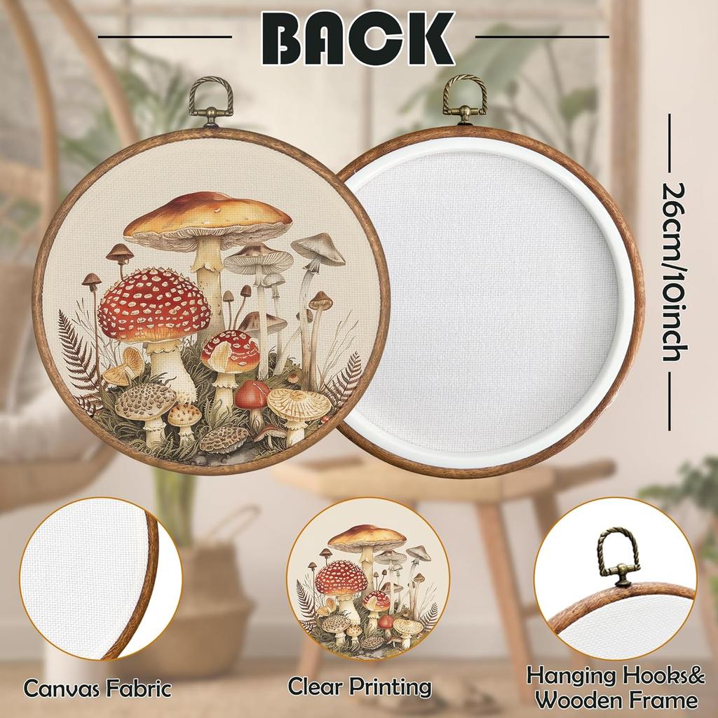 BCUANGD Vintage Mushroom Round Wall Art Decor - Retro Boho Botanical Wall Art Canvas Frame Artwork Prints, Neutral Cottagecore Round Wall Hanging