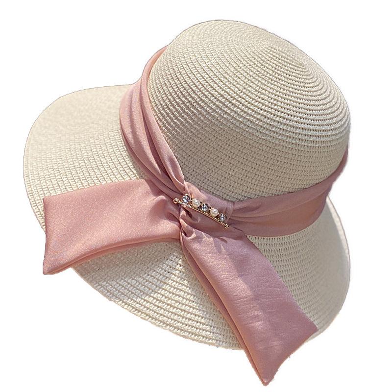 Women's Summer Straw Hat, Foldable Beach Hat, Face-shading Sun Hat, Pearl Bow Fisherman Hat, Sun Hat