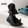 Cartoon Mermaid Figurine 3D Printed Action Figure, Dark Gothic Style with Matte Black Finish, Movable Joints Wavy Hair Design & Wide Rock Base, Decor