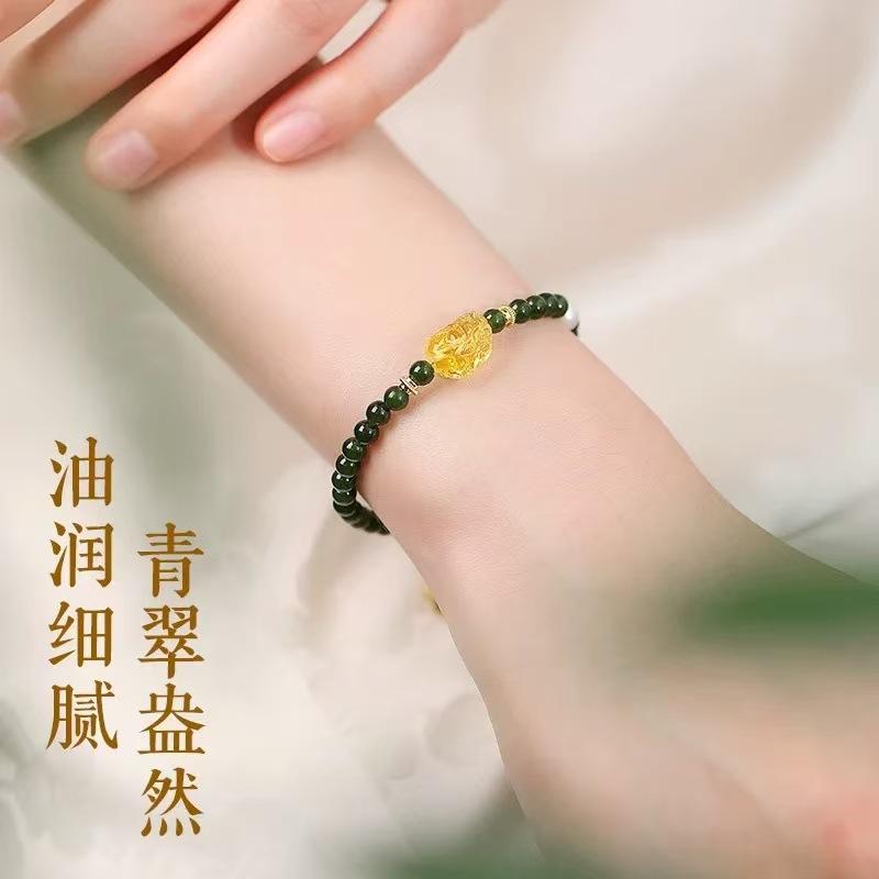 Xiaomi Bead Natural Jadeite Crystal Bracelet for Women, New Style Wealth-Bringing Amber Pixiu Bracelet, Emerald Green