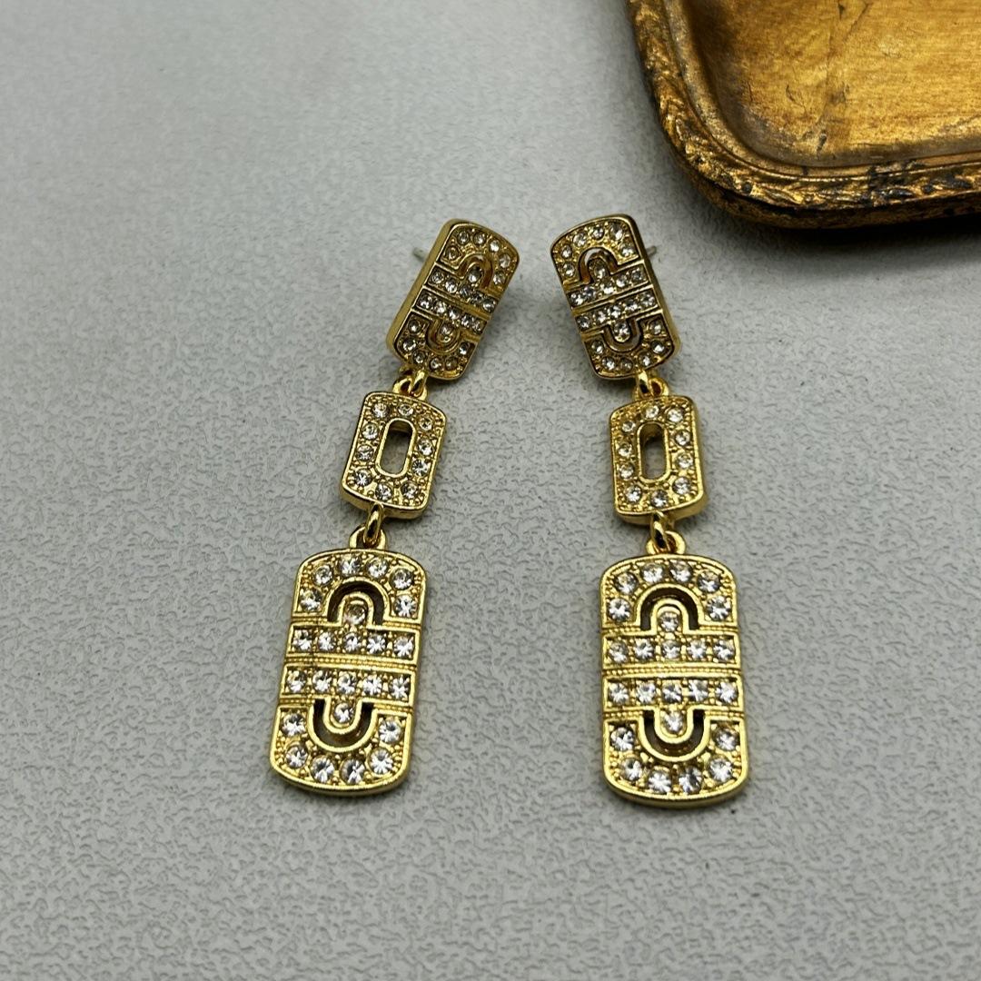 925 Silver Needle Electroplated Genuine Gold Full Inlaid Rhinestone Geometric Earrings High-end Retro Niche Temperament Versatile золотой