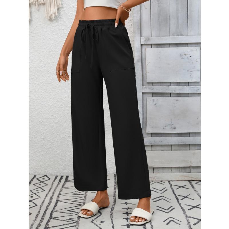 Summer New Women's Casual Drawstring Flowing Trousers Wide Leg Pants with Pockets