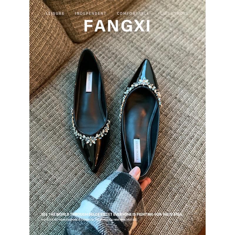 Sheepskin New French Evening Wind Rhinestone Pointed Flat Shoes Women's Shallow Mouth Inner Height Increase Single Shoes Soft Sole Women's Shoes