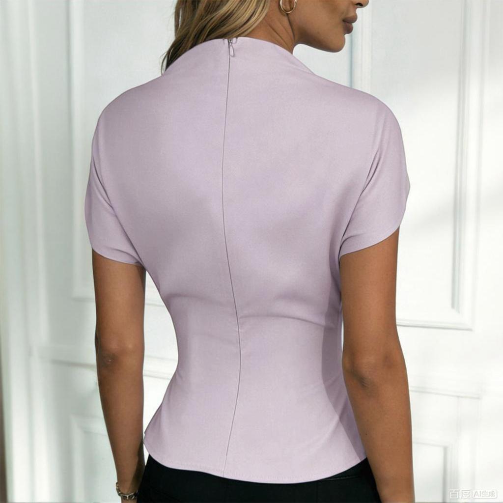 Women's Spring/Summer Casual & Stylish  Blouse — Semi-Mock Neck, Waist-Defining Top