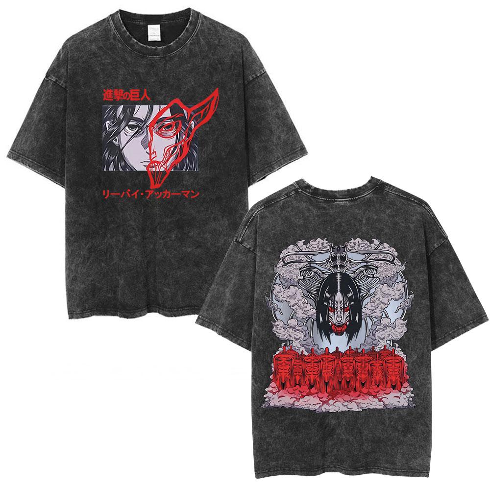 Anime Attack on Titan Washed T Shirt Men Cotton Casual Short Sleeve T-shirt Manga Levi Ackerman Oversized T-shirts Streetwear