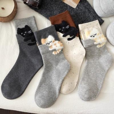 Niedliche Cartoon-Katzen-Druck Kniestrümpfe für Damen Weiche Baumwolle Herbst Winter Warme Socken Mode Beflockung Gemütliche Alltagskleidung