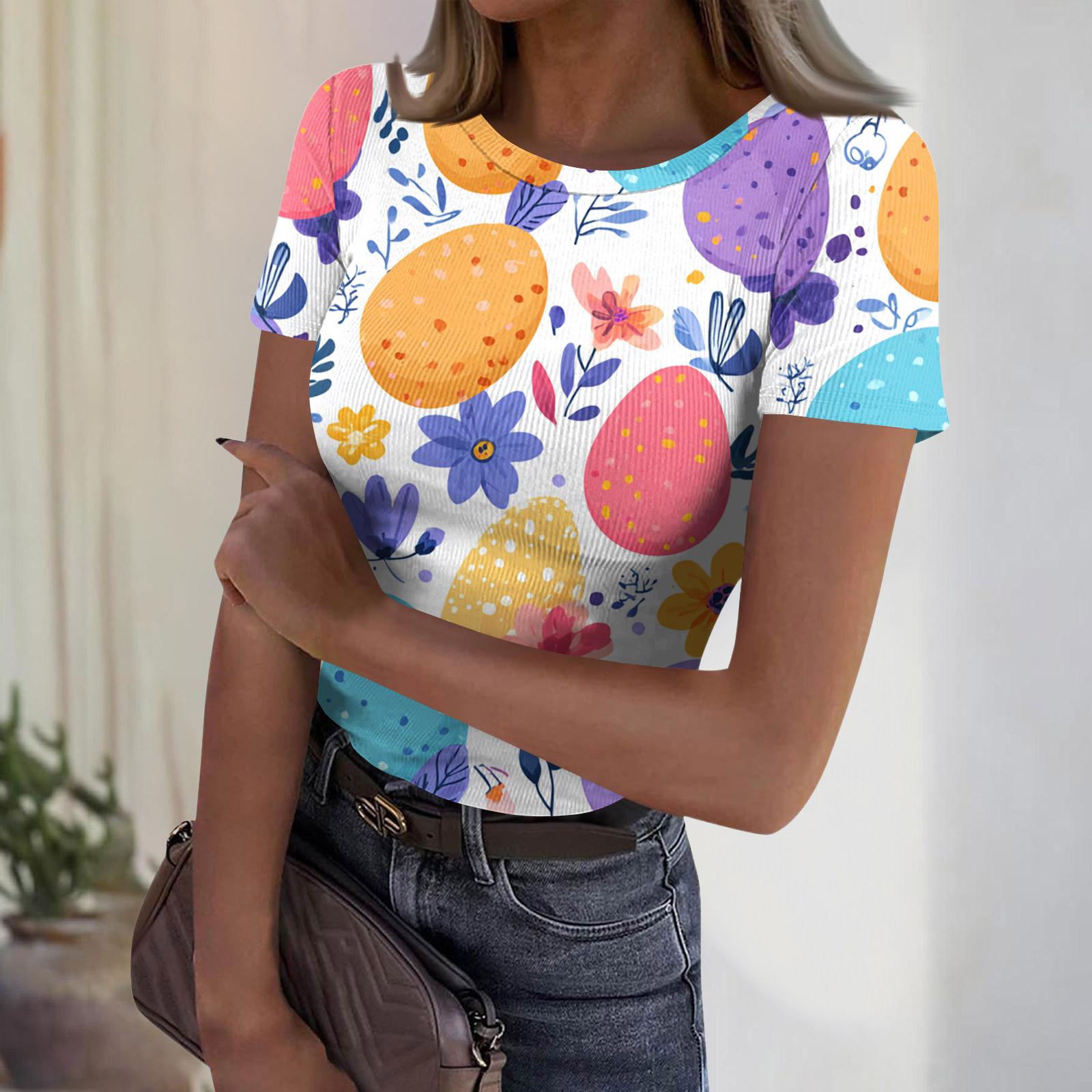 

Women s Casual Fashion Round Neck Easter Print Short Sleeve Ribbed Top M