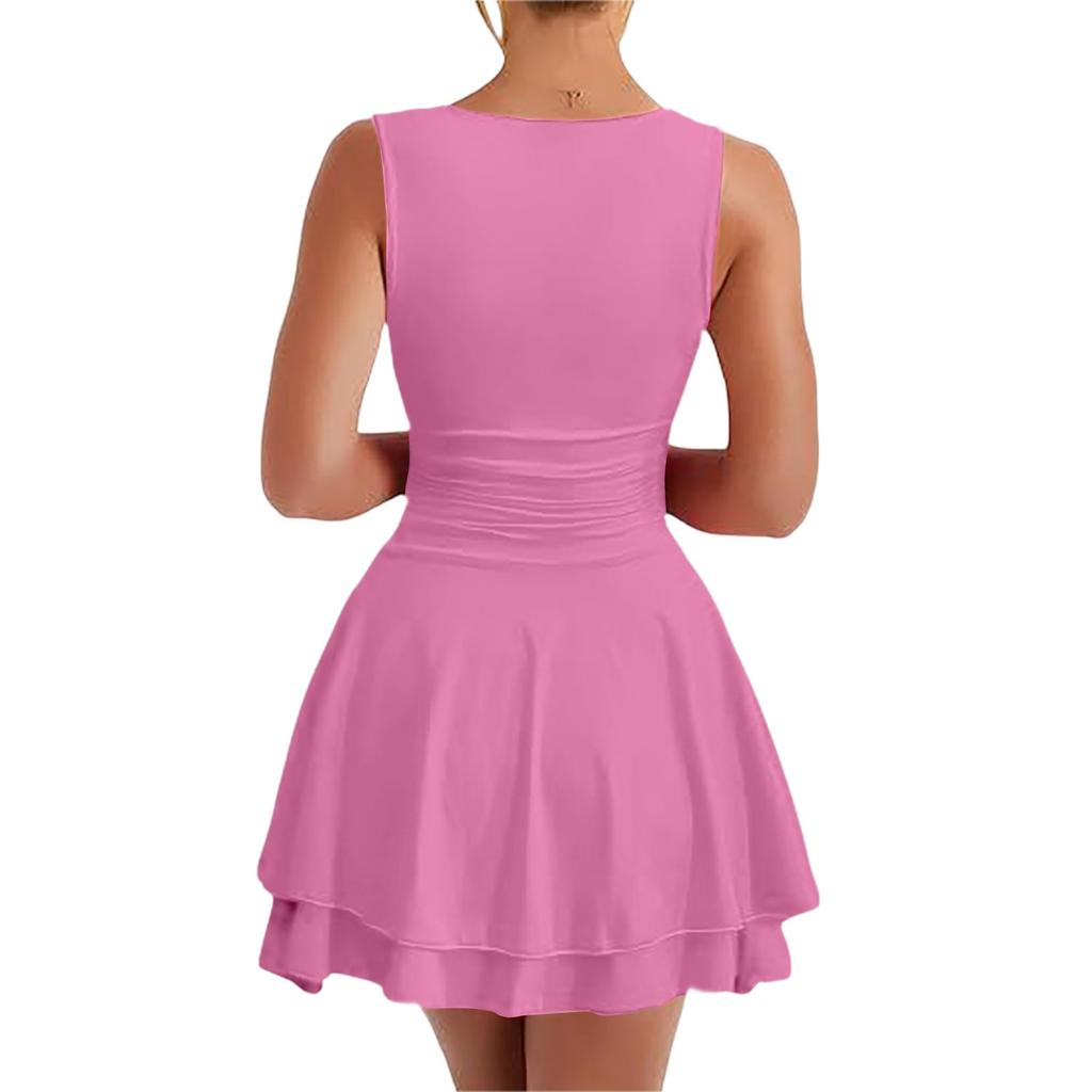 Women's Casual And Fashionable Pleated Hem Round Neck Dress Sleeveless Tight Corset Short Dress