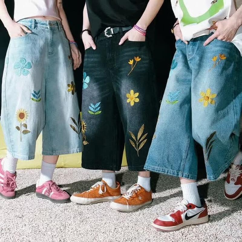 LEMANISM Floral Denim Capri Pants XL