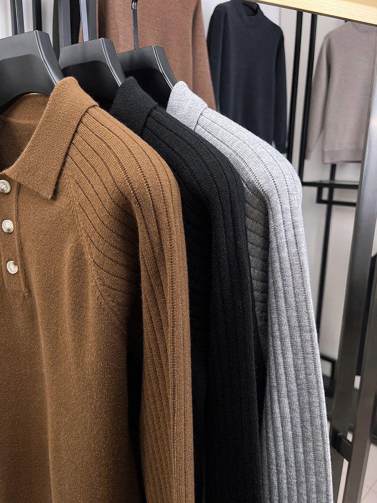 Solid Color Long Sleeve Polo Collar Wool Sweater