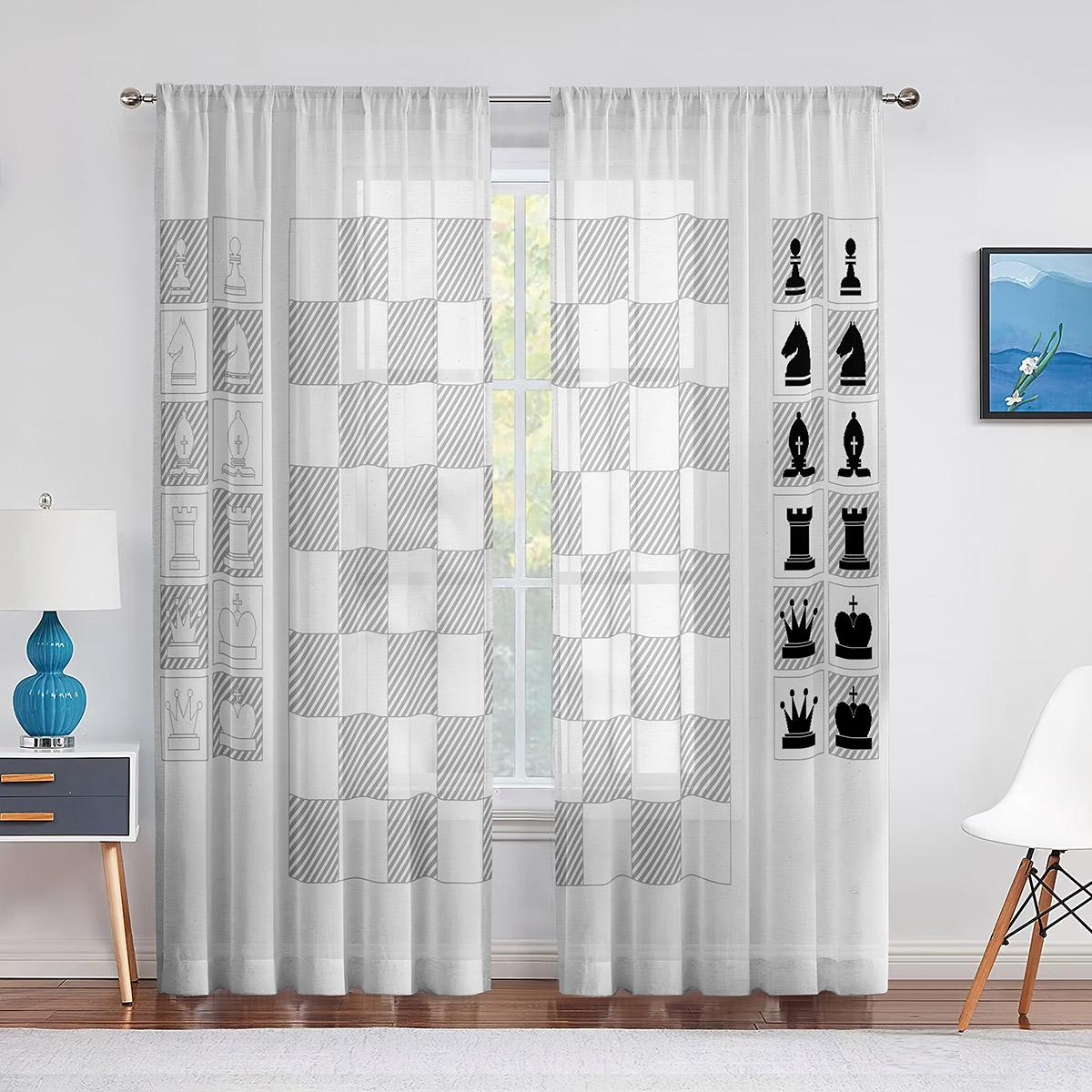 Schachbrett Sportspiele Tüll Voile Vorhänge für Schlafzimmerfenster Vorhang für Wohnzimmer Transparente Vorhänge Jalousien Chiffon Dekorationen 100W130H(CM)40x51in&Grommet Top