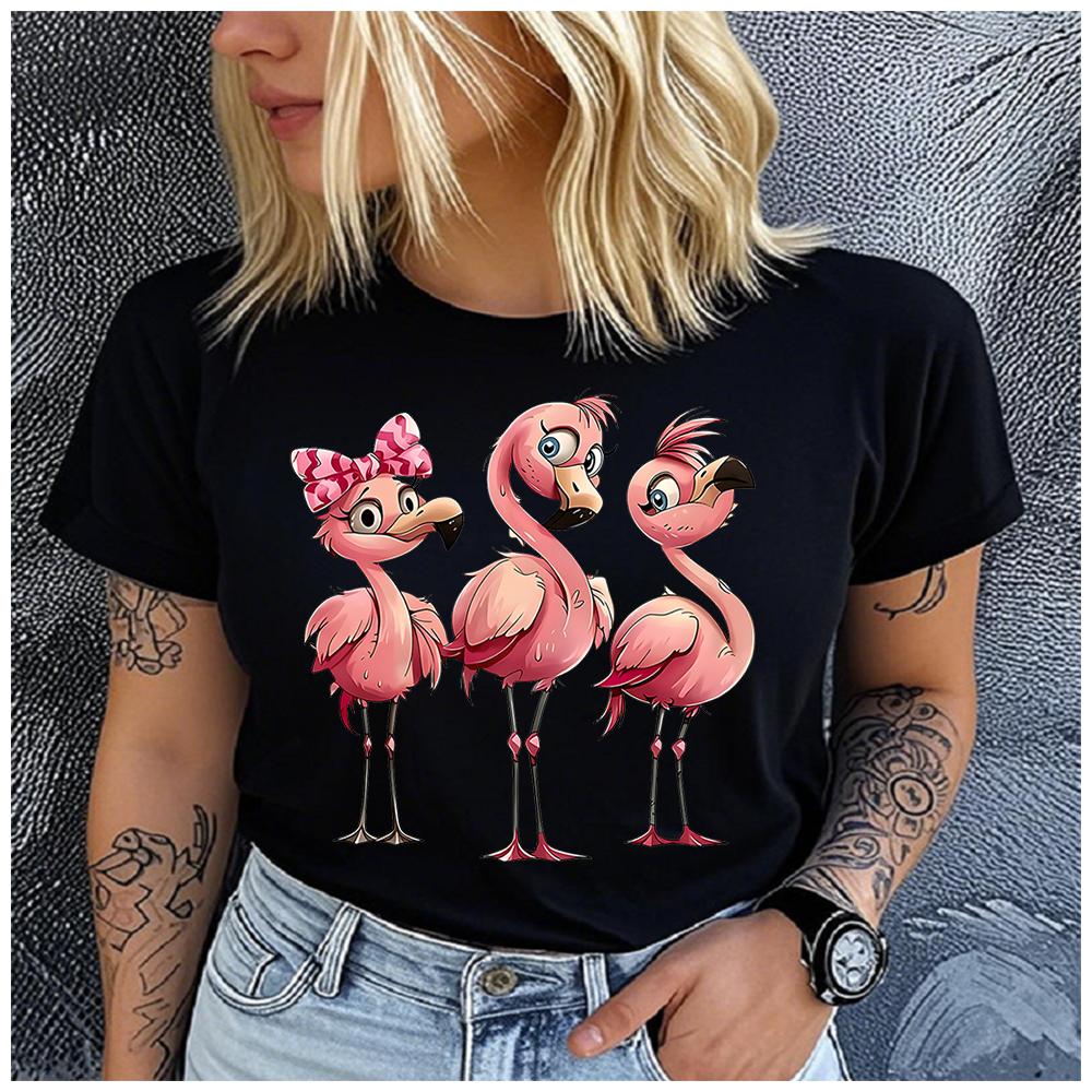 Unisex Womens Cotton Cartoon Flamingo Print Tshirt Loose Round Neck Casual Short Sleeve Fashion Top Clothing Summer