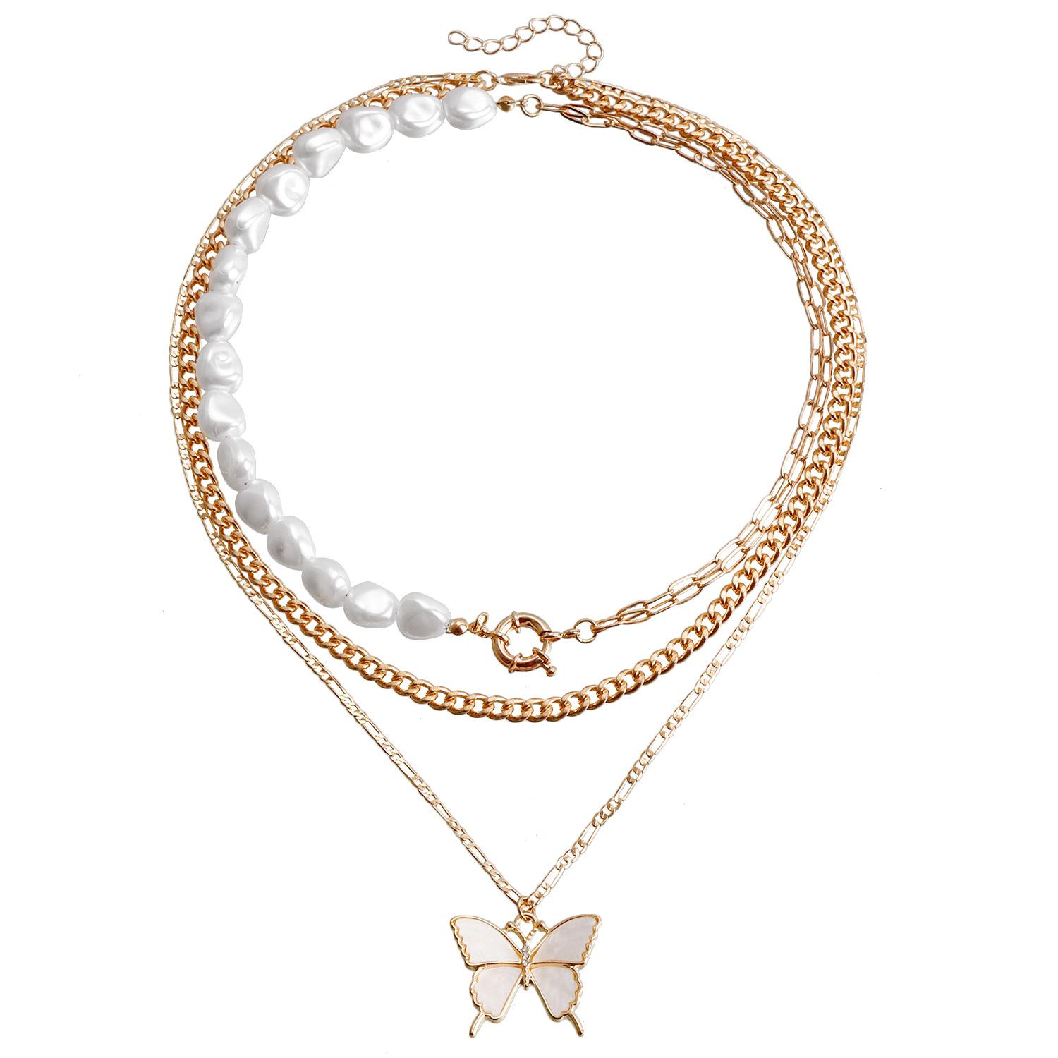 European and American jewelry, special-shaped imitation pearl neck chain, multi-layer imitation fritillary butterfly necklace jewelry for women, cold золотой