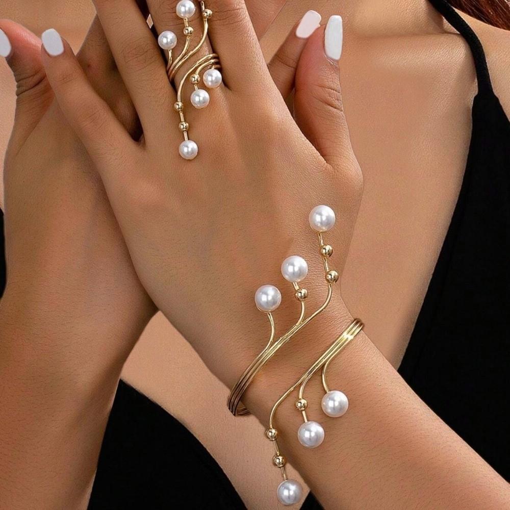 Imitation Pearl Bracelets Rings Set for Women Chunky Adjustable Fit Wrap Bracelets Ring Personality Advanced Irregular Bracelet