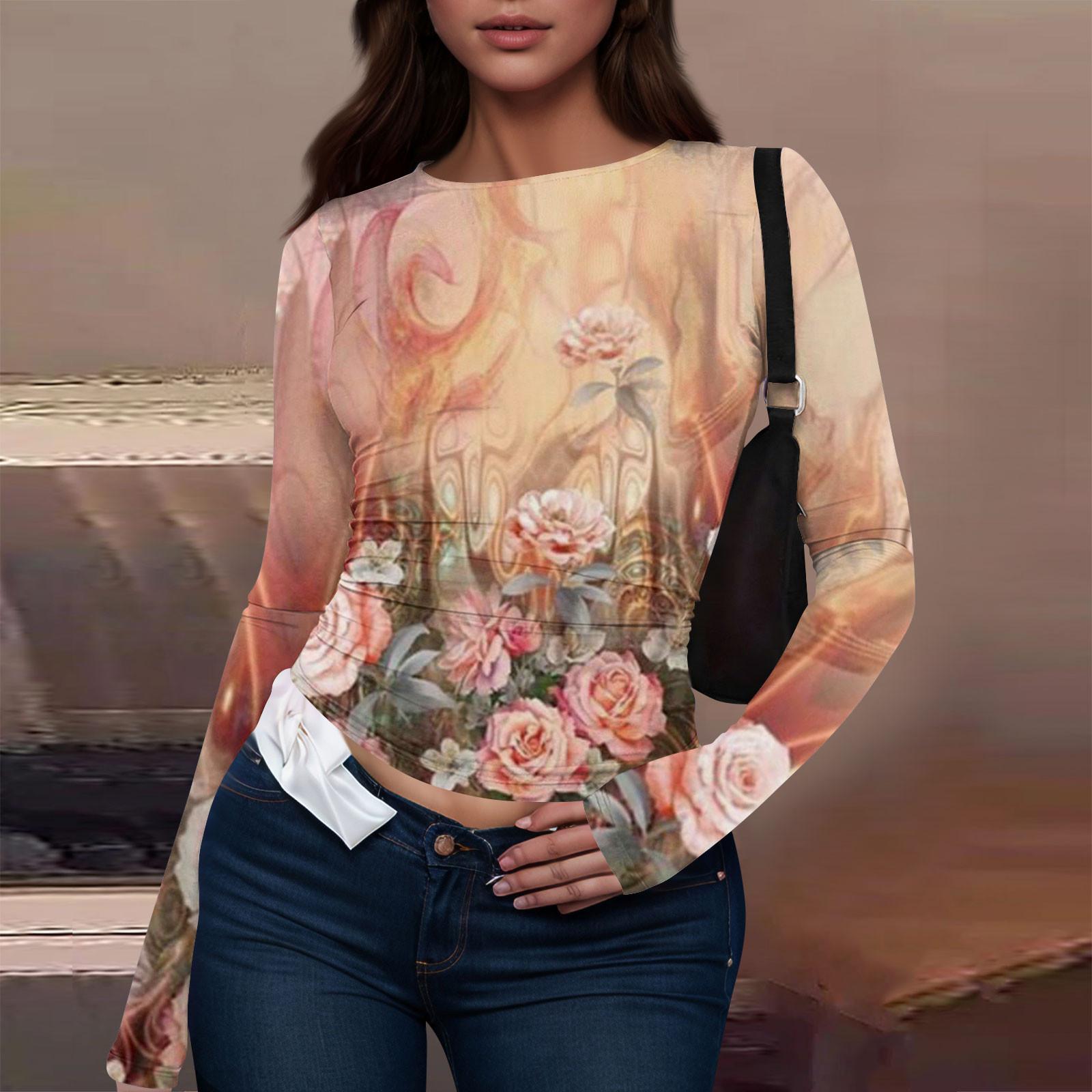 Женская модная повседневная футболка с круглым вырезом и длинным рукавом с принтом — фото 12