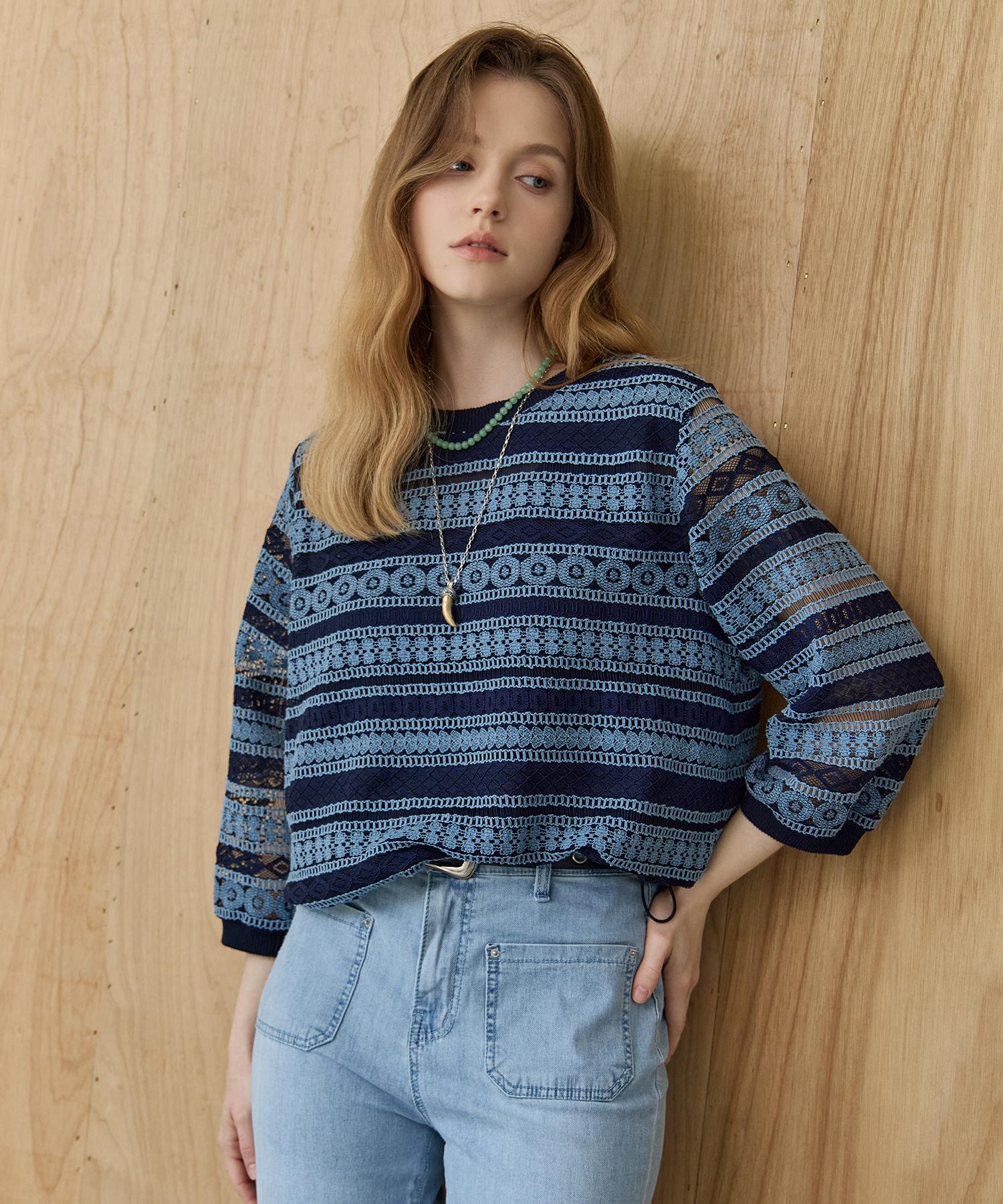 Maja Ethnic Striped Lace Blouse T-Shirt Blue/Free