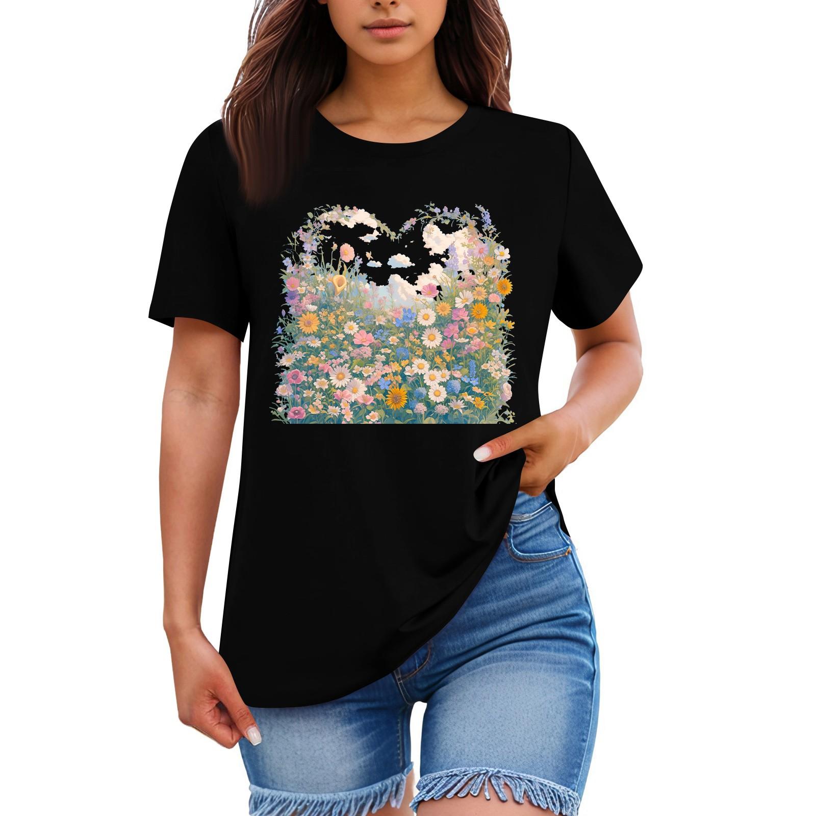 

Ladies Loose Comfortable Casual Fashionable Plant Flower Printed Round Neck Short Sleeved Shirt M чорний