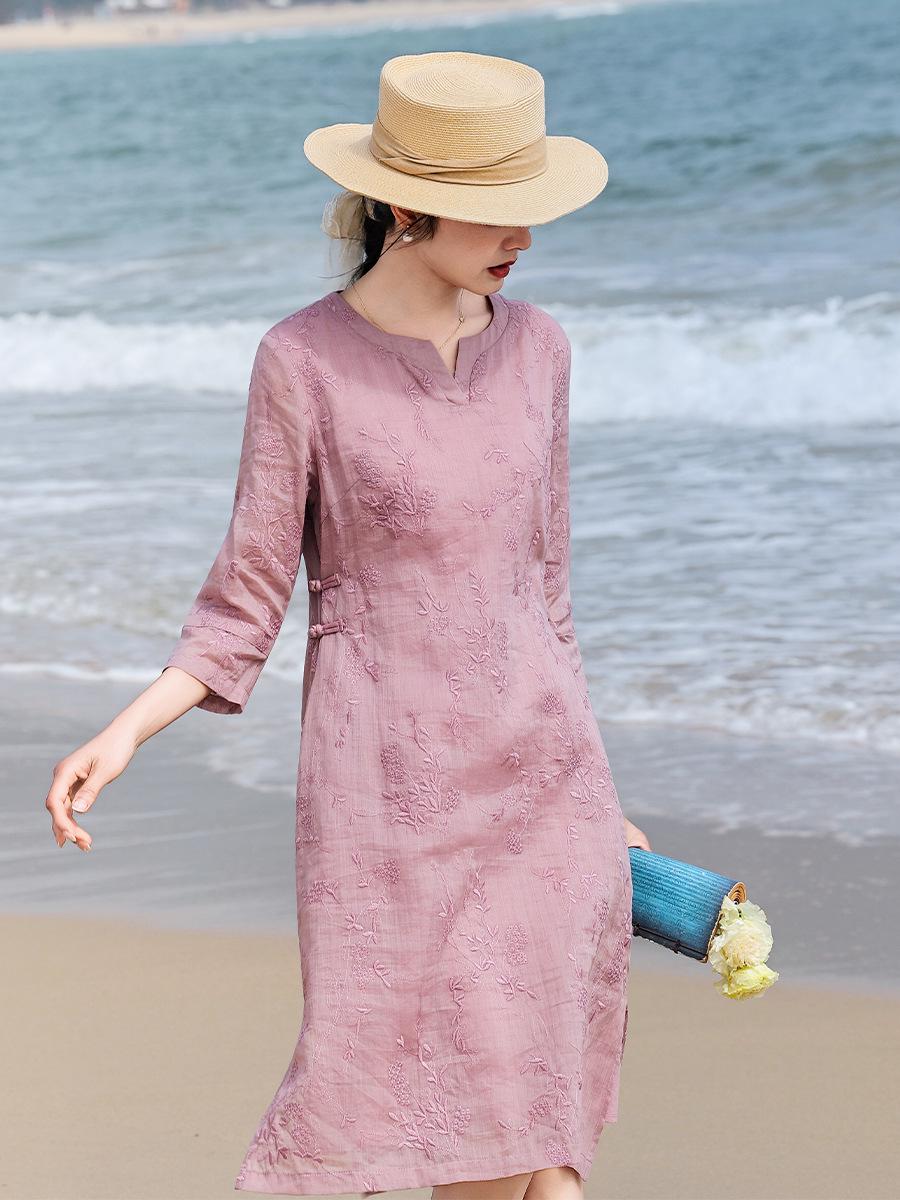 Women s Artistic Linen Embroidered Qipao Style Midi Dress - High-End V-Neck, Improved Frog Button, Retro A-Line XL