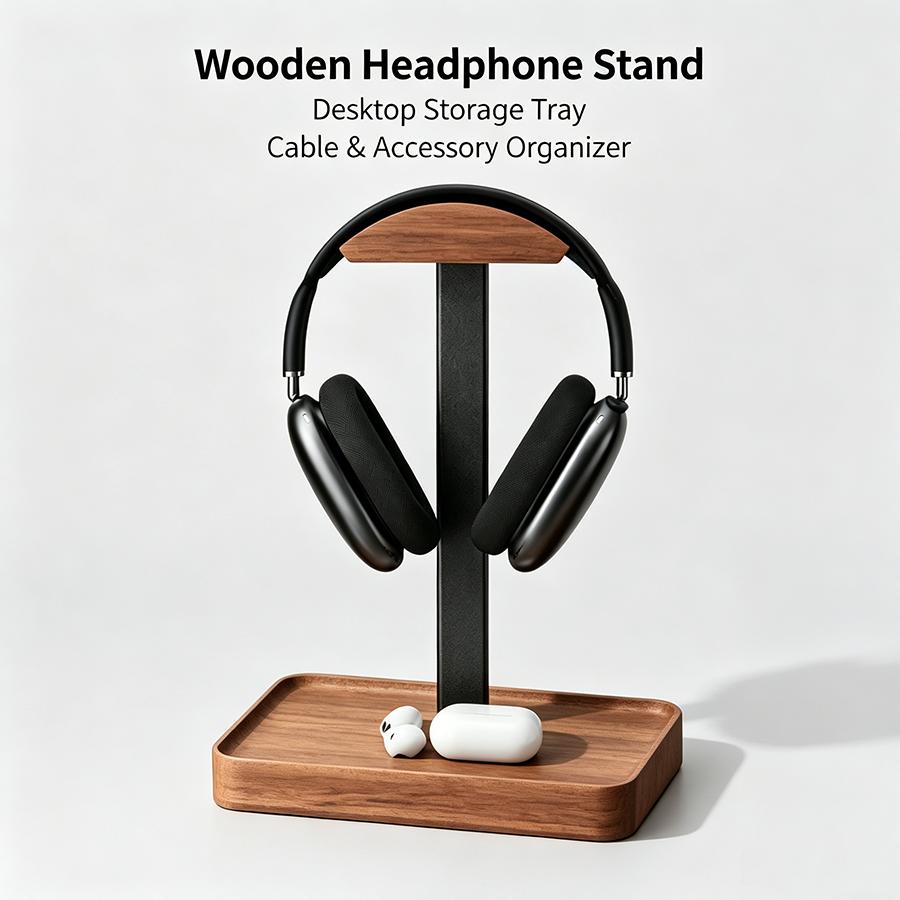 Solid Wood Headphones Stand Black Walnut+Aluminum Alloy Gaming Headset Holder Desktop Bracket Display Shelf with Storage Base