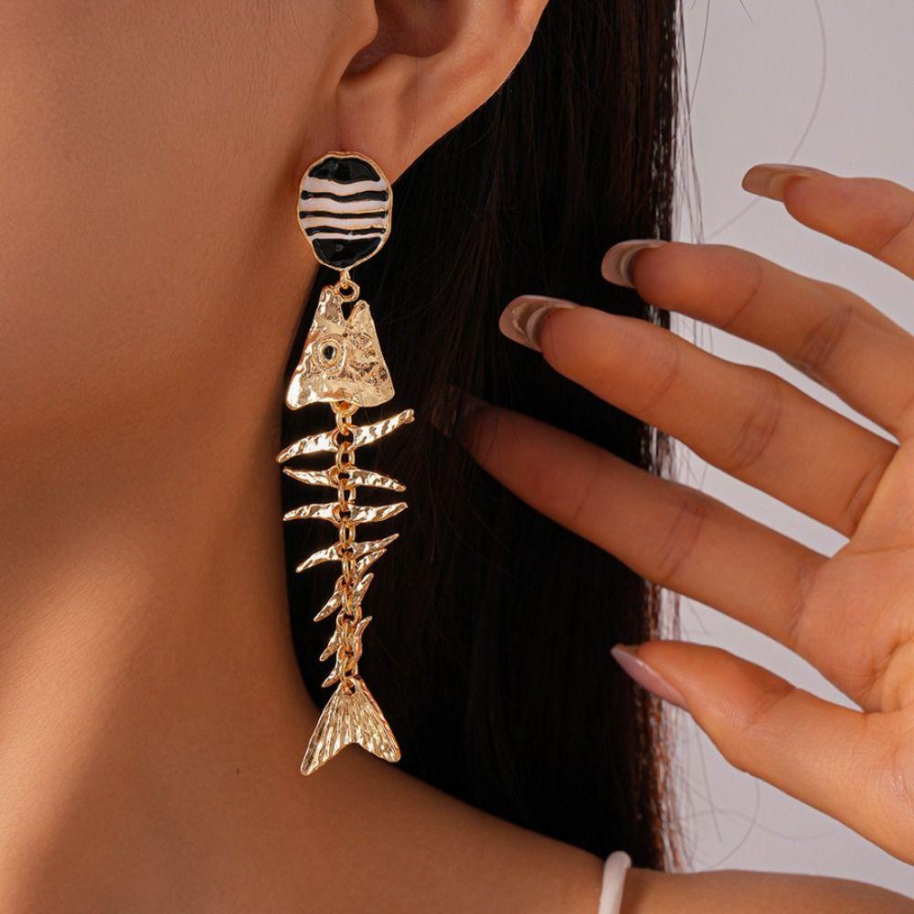 Gothic Fish Bone Earrings Exaggerate Geometric Drop Earrings Personality Earrings  Hollowen