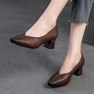 Retro Handmade Woven Pointed Toe Pumps Genuine Leather Commuting Versatile Women's Heel Shoes