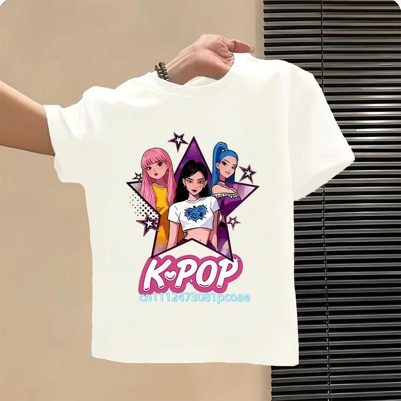 Summer Kpop Popular Cartoon Print Childrens Design Casual Harajuku Style Round Neck Short Sleeved Top Fans Gifts Kids Clothes
