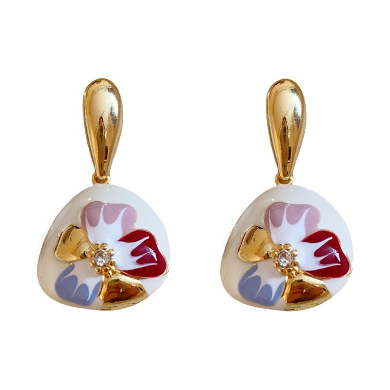 Silver needle retro court enamel color drip oil flower earrings temperament high-end earrings niche design earrings women